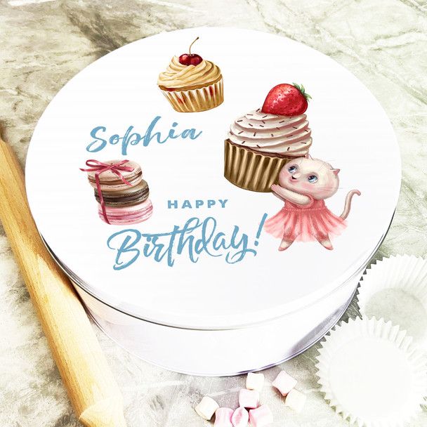 Round Watercolour Cupcakes Cat Birthday Personalised Cake Tin