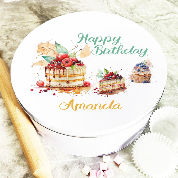 Round Watercolour Delicious Treats Birthday Personalised Cake Tin