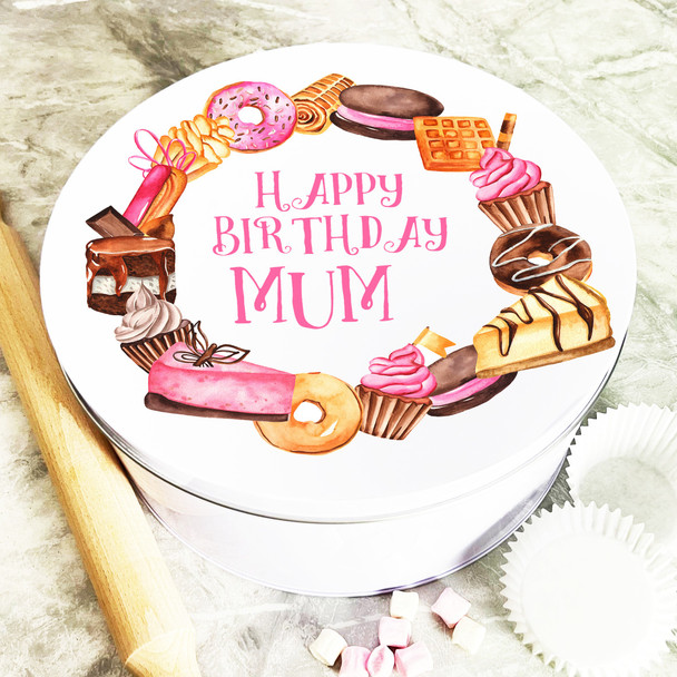 Round Watercolour Treats Happy Birthday Mum Personalised Cake Tin