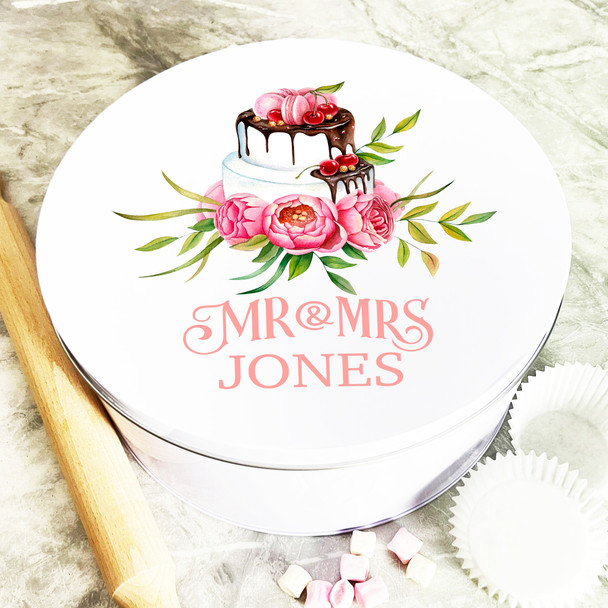 Round Chocolate & Peonies Wedding Day Personalised Cake Tin