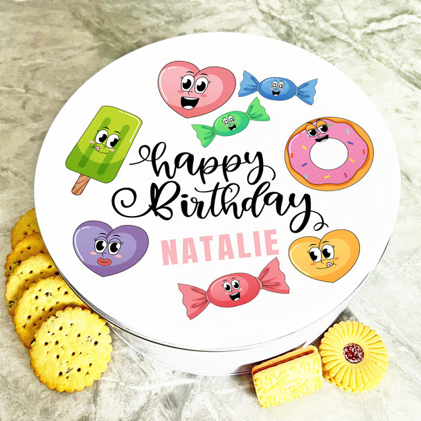 Round Colourful Funny Sweets Birthday Personalised Treat Tin