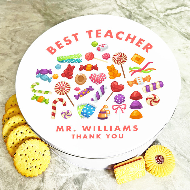 Round Colourful Sweets Set Best Teacher Thank You Personalised Treat Tin