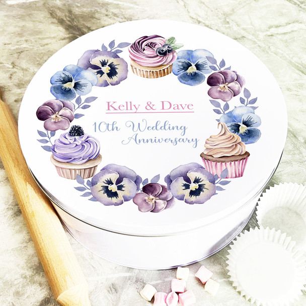Round Cupcakes & Pansies Flowers 10th Wedding Anniversary Personalised Cake Tin