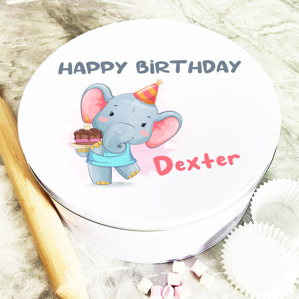 Round Cute Birthday Elephant Personalised Cake Tin