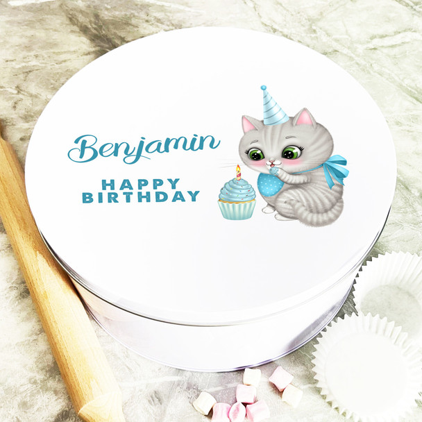 Round Cute Blue Cupcake Cat Birthday Personalised Cake Tin