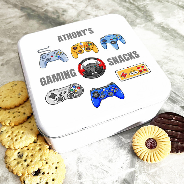 Square Colourful Gaming Snacks Controllers Personalised Treat Tin