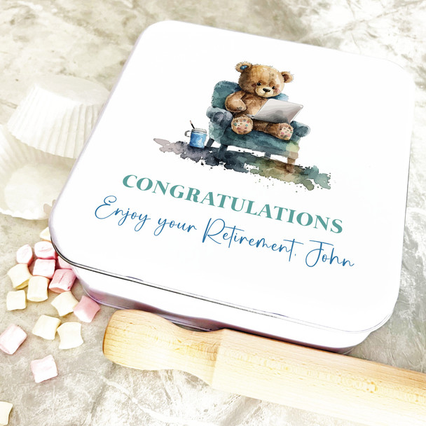 Square Congratulations Retirement Teddy Bear Personalised Treat Tin