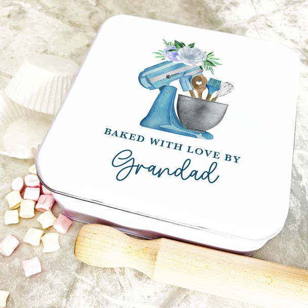 Square Baked By Blue Mixer Flowers Grandad Personalised Cake Tin