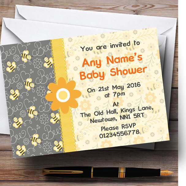 Bumble Bee Yellow Grey Baby Shower Party Customised Invitations