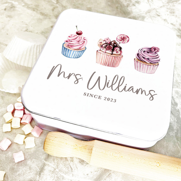 Square Mrs Watercolour Cupcakes Personalised Cake Tin