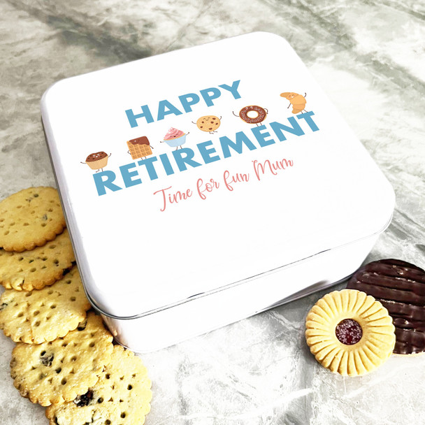 Square Mum Happy Retirement Pastry Characters Personalised Cake Tin