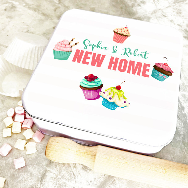 Square New Home Bright Cupcakes Personalised Cake Tin