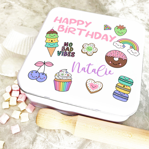 Square No Bad Vibes Bright Colourful Cute Birthday Personalised Cake Tin
