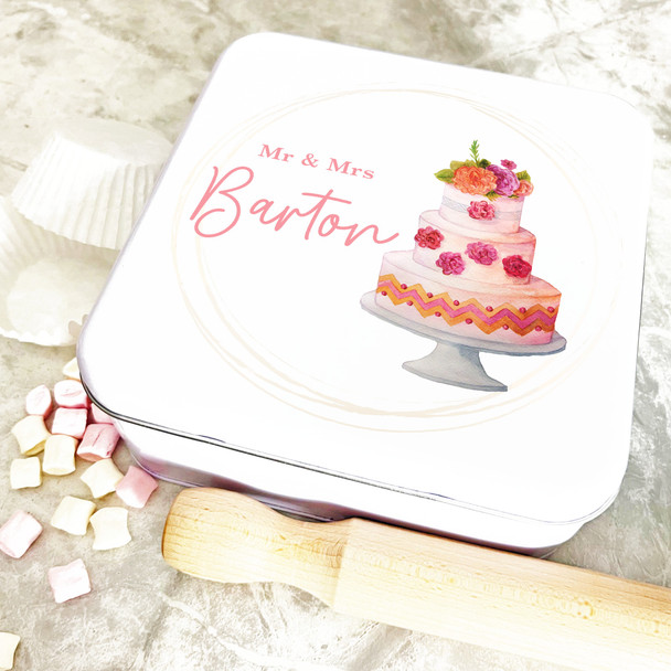 Square Peach Wedding Day Personalised Cake Tin