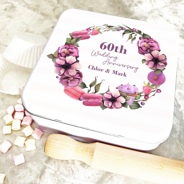 Square Pink Macarons Floral 60th Wedding Anniversary Personalised Cake Tin