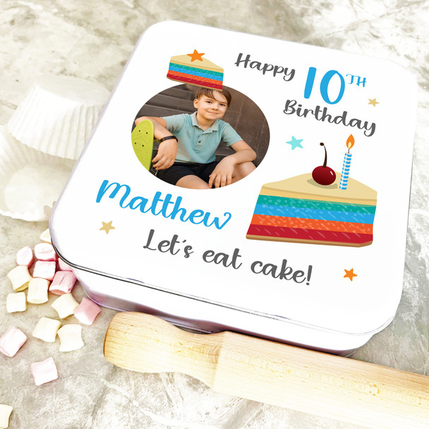 Square Birthday Boy Photo Stars Personalised Cake Tin