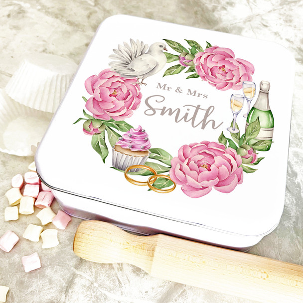 Square Pink White Floral Champagne Wreath Wedding Personalised Treat Tin