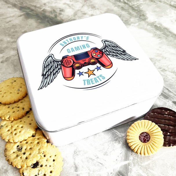 Square Red Controller Gaming Wings Personalised Treat Tin