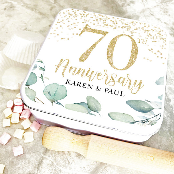 Square 70th Wedding Anniversary Gold Sparkles Personalised Treat Tin
