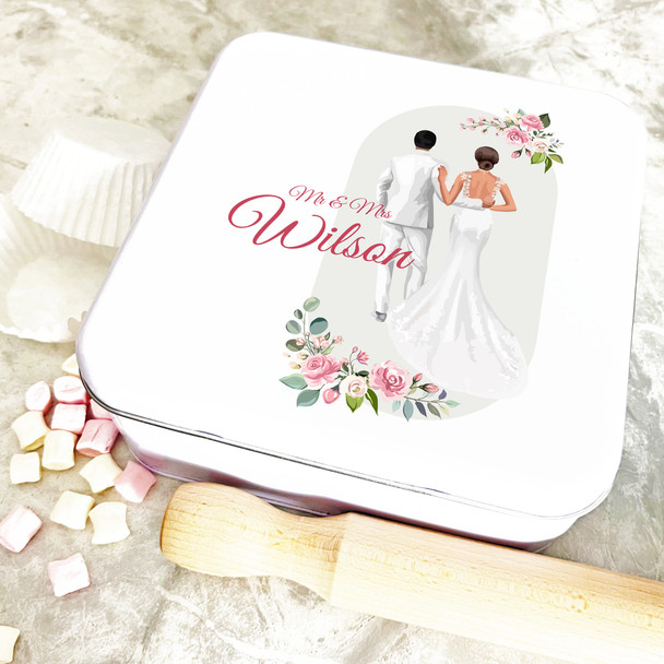 Square Watercolour Wedding Day Couple Personalised Cake Tin