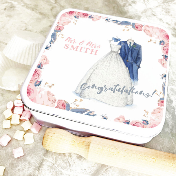 Square Watercolour Wedding Day Outfits Personalised Cake Tin