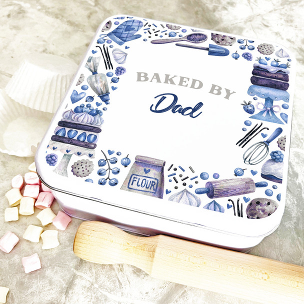 Square Blue Watercolour Baked By Dad Personalised Treat Tin