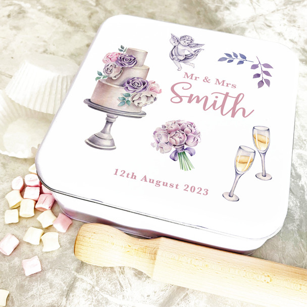 Square Wedding Day Purple Glass Of Champagne Personalised Cake Tin