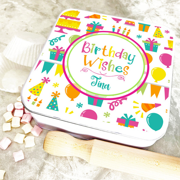 Square Bright Colourful Birthday Wishes Personalised Treat Tin