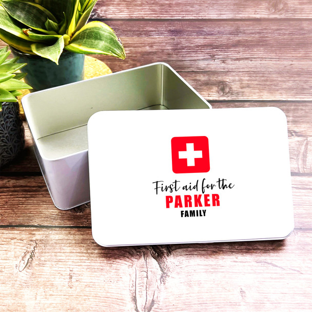 First Aid For The Family Red Logo Rectangle Personalised Medicine Tin