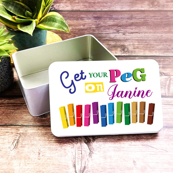 Get Your Peg On Rectangle Personalised Laundry Tin