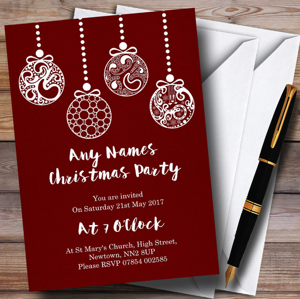 Deep Red Baubles Customised Christmas Party Invitations