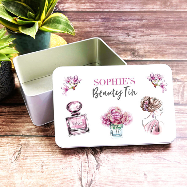 Beauty Makeup Perfume Pink Pretty Flower Rectangle Personalised Beauty Tin