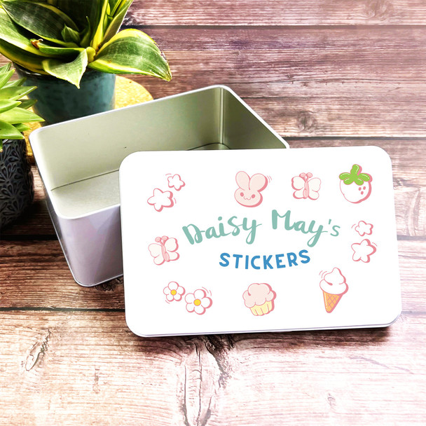 Pastel Colours Cute Icons Personalised Sticker Storage Tin