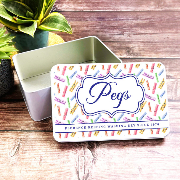 Pegs Keeping Washing Dry Since Rectangle Personalised Laundry Tin