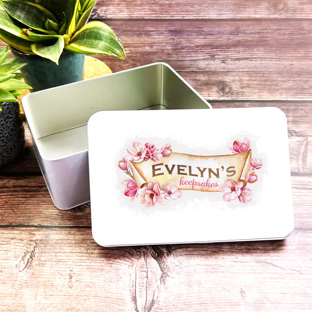 Pink Floral Vintage Banner Personalised Keepsakes Storage Tin