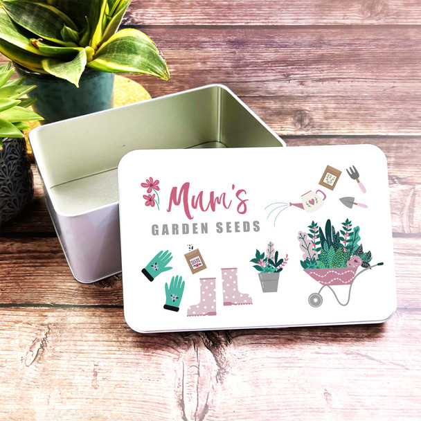 Pink Set Of Tools & Equipment Mum's Gardening Seeds Rectangle Personalised Tin