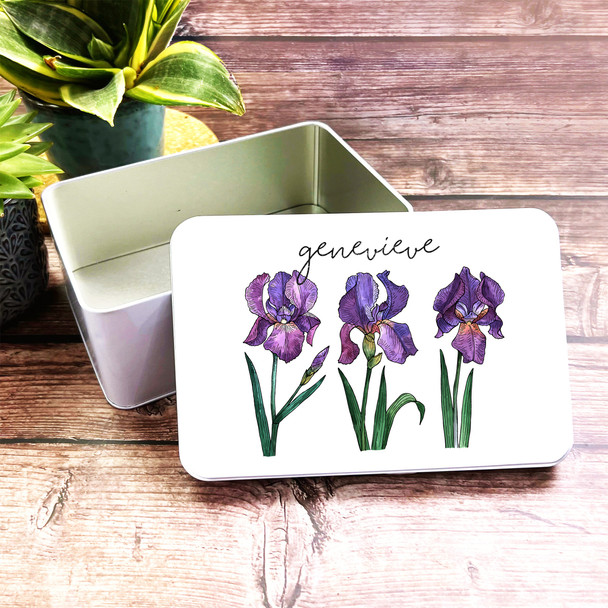 Pretty Purple Flowers Girly Personalised Bits & Bobs Storage Tin