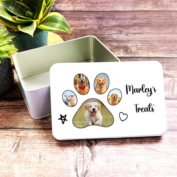 Rectangle Pawprint Photos Personalised Dog Biscuit Treat Tin