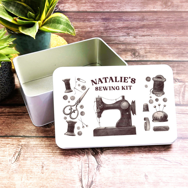 Retro Sewing Kit Icon Rectangle Personalised Tin