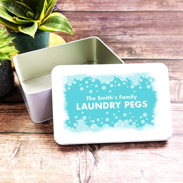 Soap Bubbles & Foam Laundry Pegs Rectangle Personalised Tin