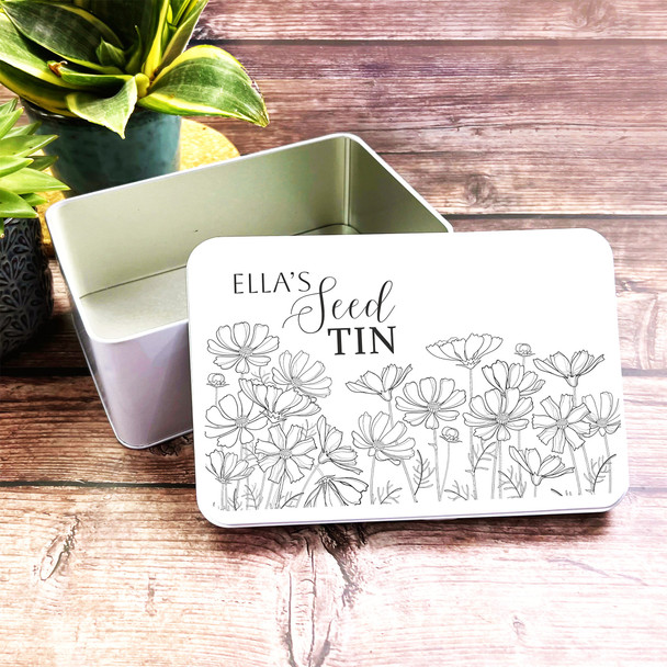 Black & White Line Art Flowers Gardening Personalised Seed Tin