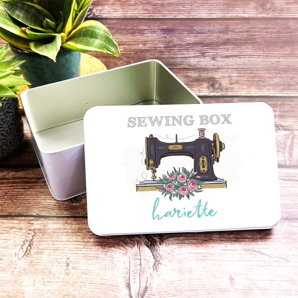 Vintage Sewing Box Floral Rectangle Personalised Tin
