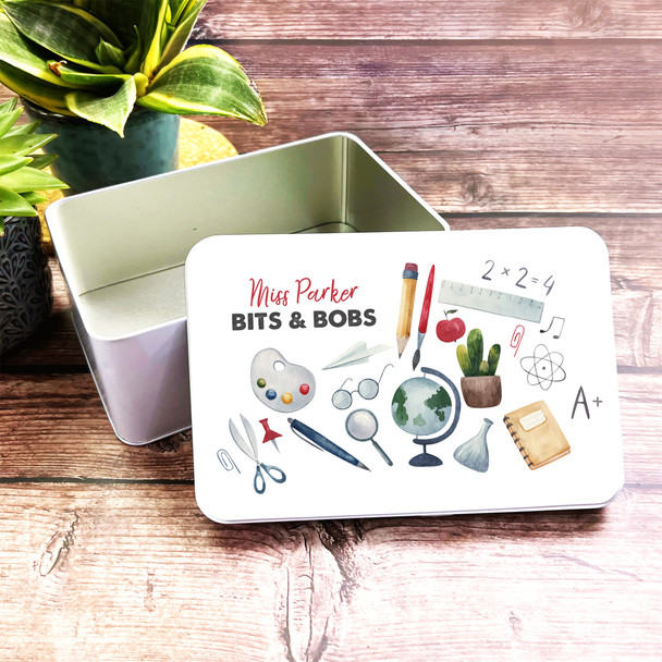 Watercolour Teacher School Equipment Bits & Bobs Rectangle Personalised Tin