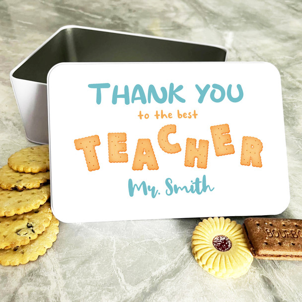 Cookie Font Thank You Teacher Rectangle Personalised Biscuit Tin