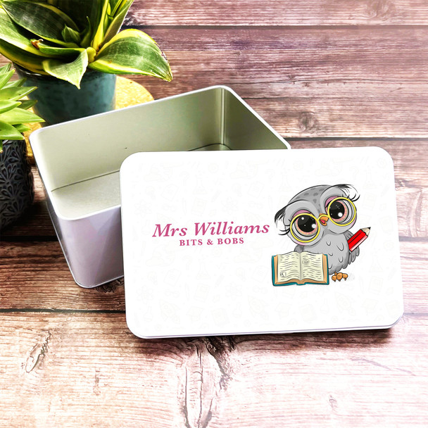 Cute Clever Owl Teacher Bits & Bobs Rectangle Personalised Tin
