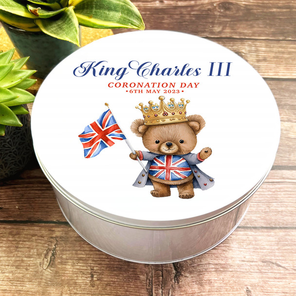 Round Cute Crown Teddy Bear Uk Flag King Charles III Coronation Souvenir Tin