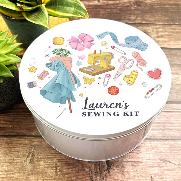 Round Cute Sewing Kit Icons Personalised Tin