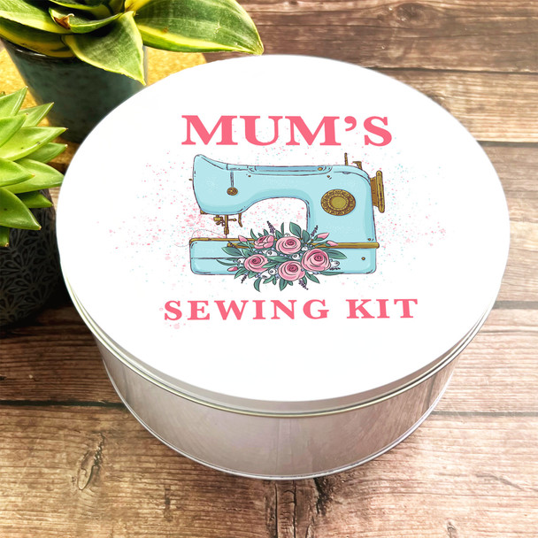 Round Floral Light Turquoise Floral Sewing Kit Machine Personalised Tin