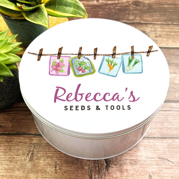 Round Gardening Tools Storage Rustic Watercolour Pegs Personalised Seed Tin