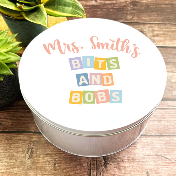 Round Gift Storage Pastel Blocks Personalised Teacher Bits & Bobs Tin